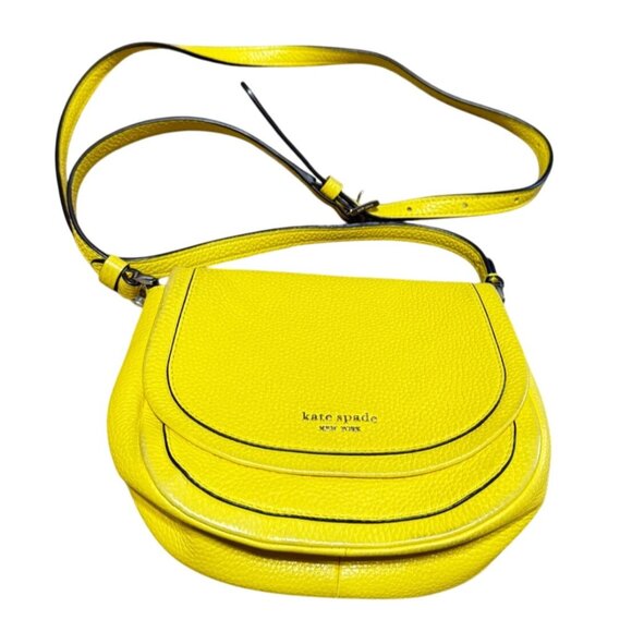 KATE SPADE PURSE LEILA SUNFLOWER YELLOW FLAP BAG PEBBLE LEATHER AUTHENTICATED - Picture 1 of 7